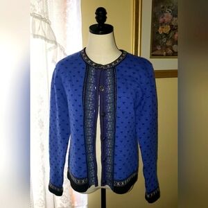 Tally-Ho Vintage Nordic Fair Isle Blue/Black Cardigan Sweater 100% Wool Size S